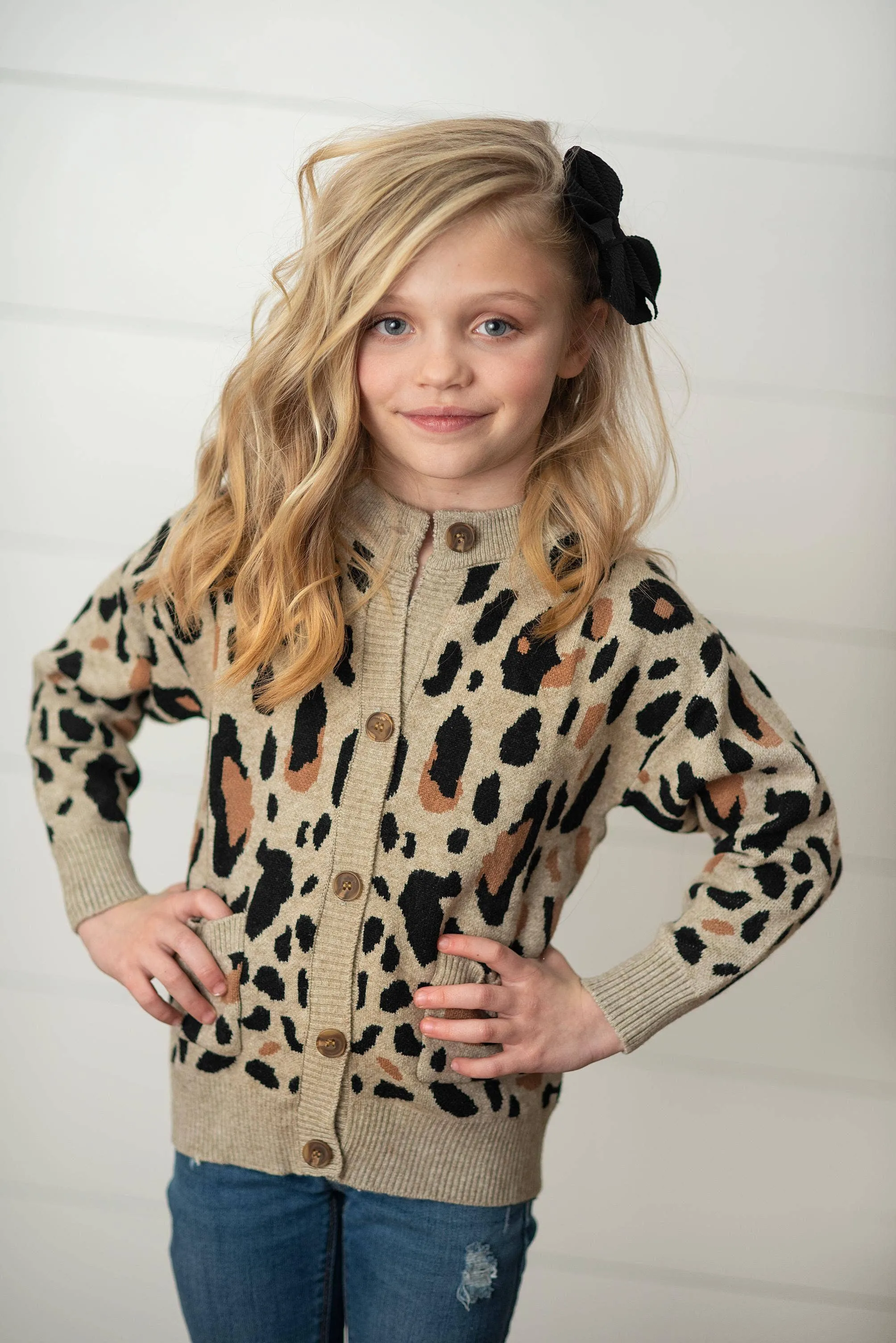 WH Kids Leopard Button Pocket Cardigan Fall Winter Sweater