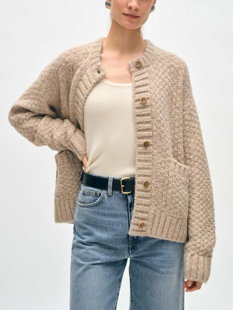 White   Warren - Plush Alpaca Blend Basket Stitch Cardigan in Oat Straw