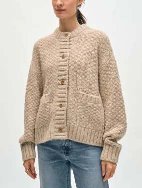 White   Warren - Plush Alpaca Blend Basket Stitch Cardigan in Oat Straw