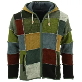 Wool Knit Patchwork Hooded Jacket - Mustard