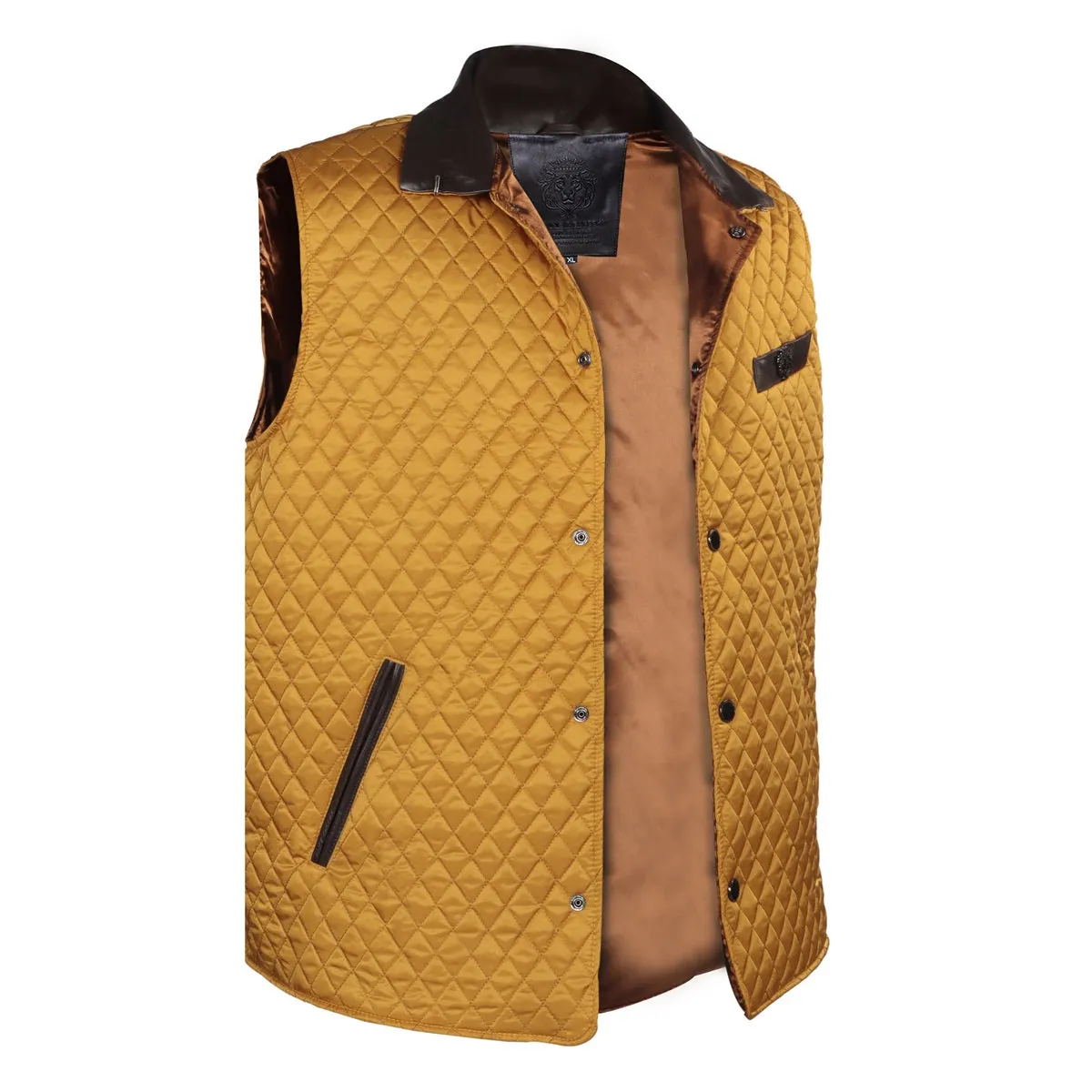 Yellow Puffer Vest Diamond Stitched Dark Brown Leather Trims Collar & Pockets by Brune & Bareskin