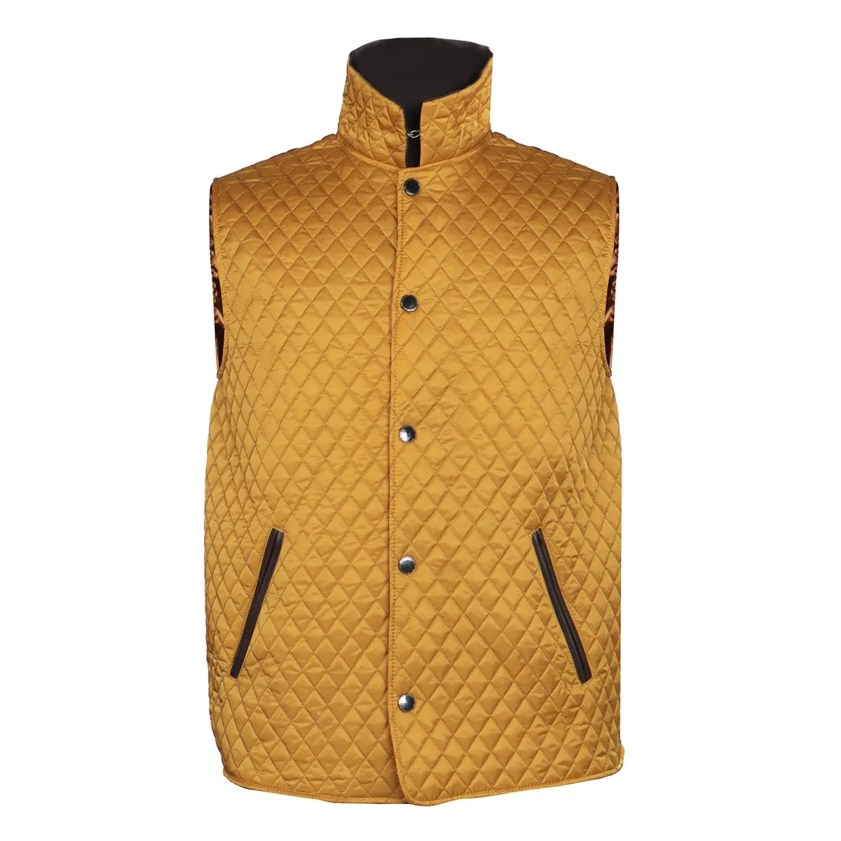 Yellow Puffer Vest Diamond Stitched Dark Brown Leather Trims Collar & Pockets by Brune & Bareskin